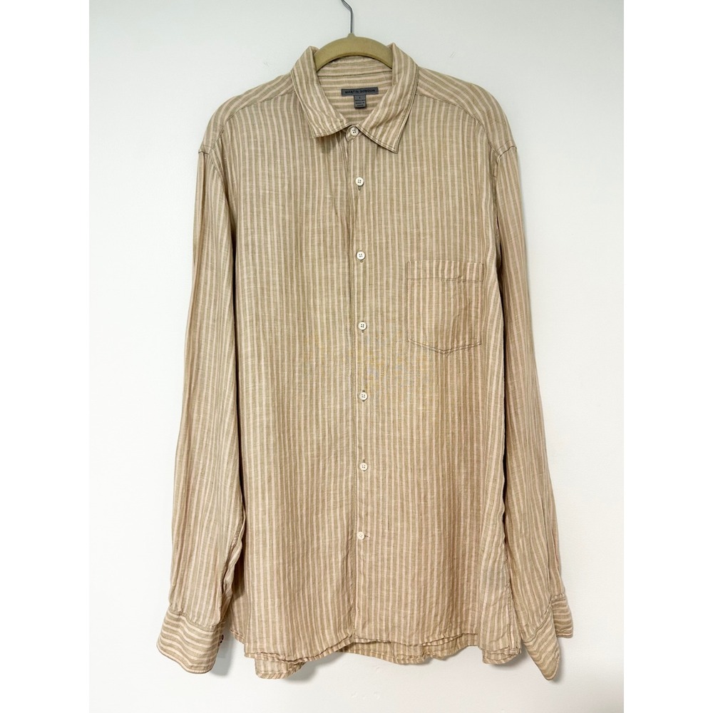 Martin Gordon Tan Pink Striped 100% Linen Button Down Shirt Womens Large
